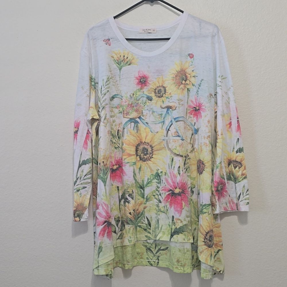 Jess And Jane.Sunny ride open weave shirt floral bicycle tunic Long Sleeve 2X